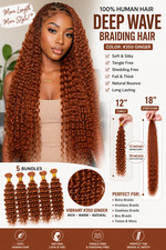 5 Bundles 350 Ginger Human Braiding Hair Deep Wave Curly Bulk 12" 18" Stretched