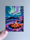 ACEO Original Painting, Mini, Camp Fire, Mountains, aurora , Acrylic Gouache, — photo 2