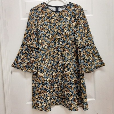 Zara Basic Floral Swing Dress Bell Sleeve Large Retro 70s Boho Cottagecore Indie
