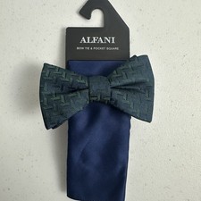 Alfani Men's Pre Tied Geo Bow Tie Solid Pocket Square Set Green/Navy Blue