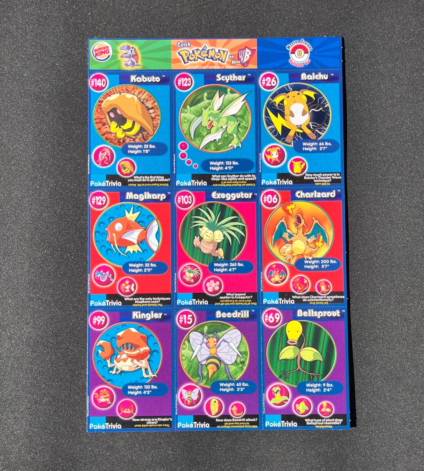 1999 Burger King Master Pokemon Uncut Sheets #8 Charizard