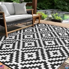5x8 ft Waterproof Reversible Outdoor Patio Rug, Black & White Plastic Straw