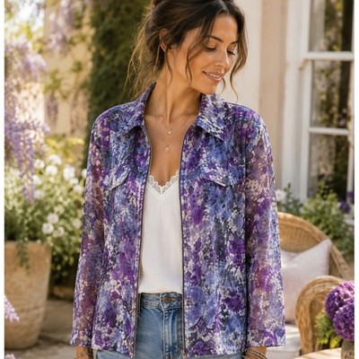 Drapers & Damons Linen Blend Sheer Floral Jacket Zip Front Purple PS Lightweight