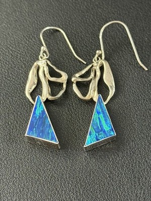 Opal Ohrringe Feuerblau Grün 2'' Hänger Abstrakt Modernist Silber JS925 G11