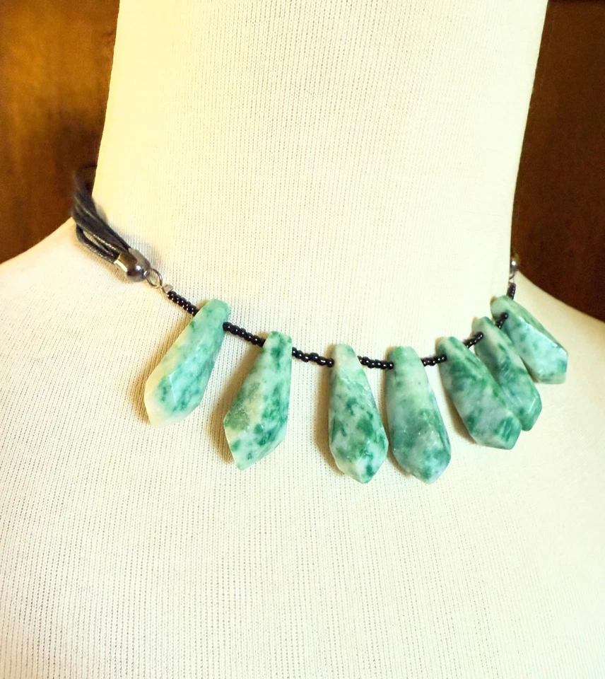 Пятно яшмы камень ожерелье натуральный зеленый белый бисер 14,5 «+ 2» расширитель ошейник - Изображение 2 из 4