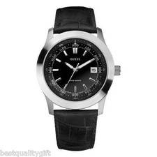 GUESS BLACK CROC EMBOSSED LEATHER BAND+SILVER TONE S/STEEL DIAL WATCH U85096G1