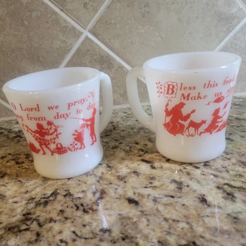 a pair of Vintage Fire King Anchor Hocking Mug D Handle Bless This Food Prayer