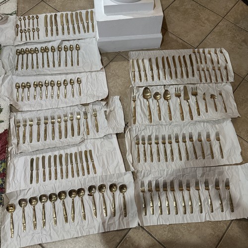 Thailand Brass Silverware Set Vintage Gold Tone Buddha 134 Pieces Rare