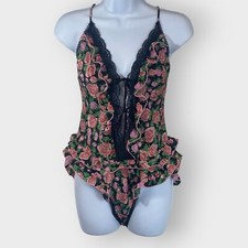 Vintage Lily of France Lingerie Bodysuit  Small  Black Floral  Lace Ribbons