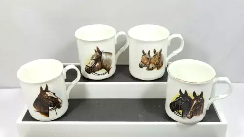Horse Coffee Cups 4 Sadler England White Fine Bone China Ribbed Gold Trim Vtg