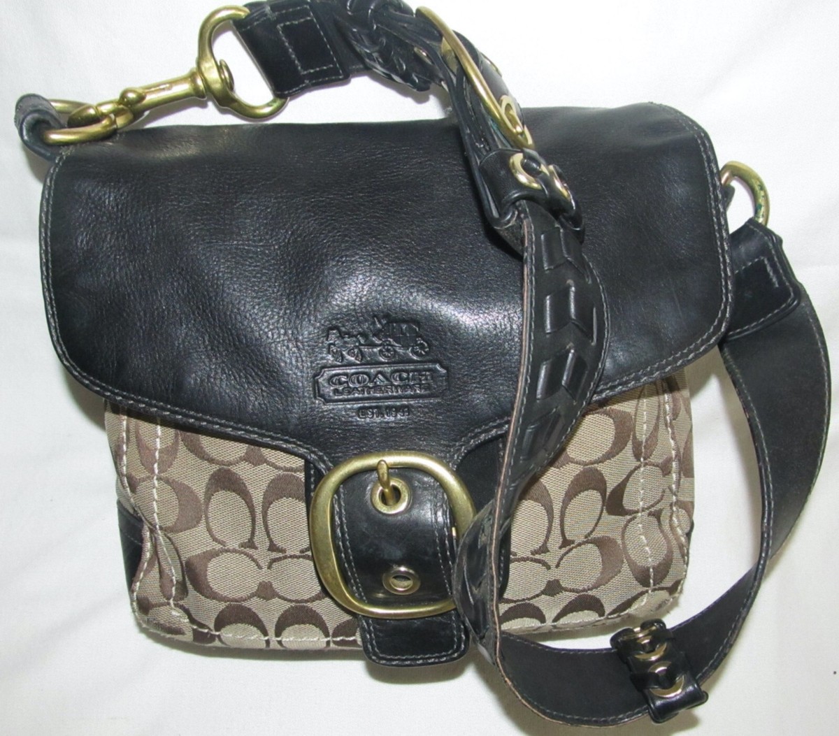 Coach Bleeker Black Leather Legacy Brown Signature Flap