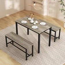 Dining Table Set for 4, Kitchen Room Table Set with 2 Benches, 3-Piece , Grey