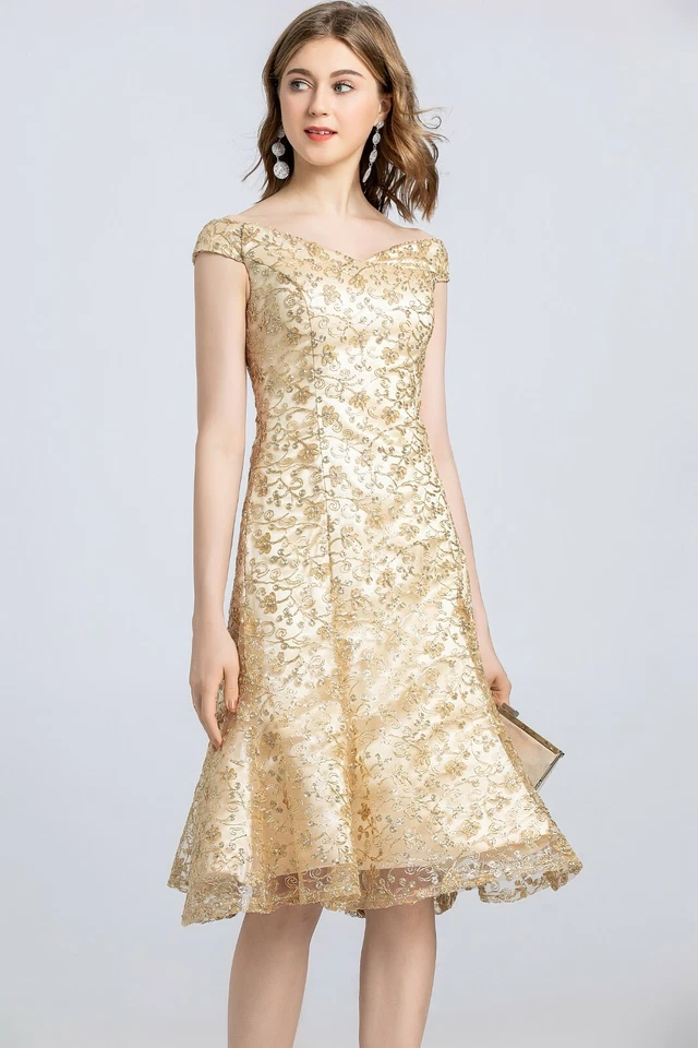 Sexy Vestido de Fiesta de Diseñadores Mujeres Descubierto Hombro Dorado Encaje Hasta la Rodilla Vestidos Foto 3 de 4