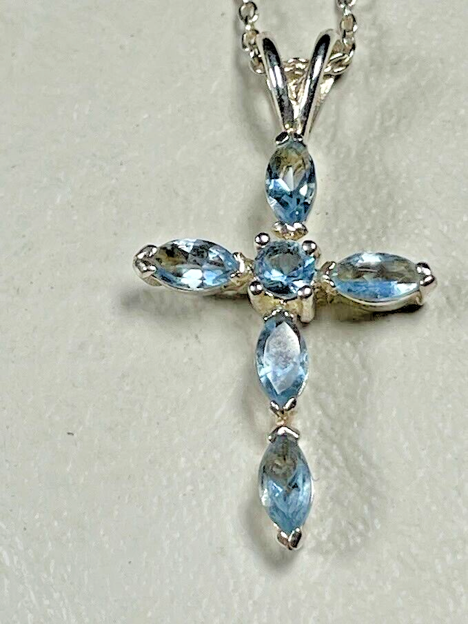 MARSALA 925 STERLING SILVER LIGHT BLUE CZ CROSS NECKLACE 18