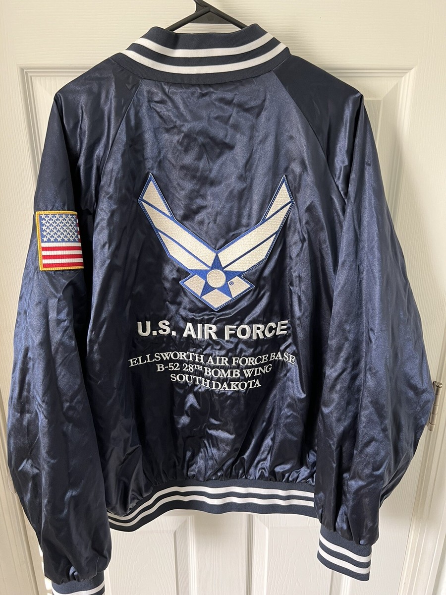 U.S. AIR FORCE NAVY BLUE SATIN JACKET LEFT SHOULDER FLAG