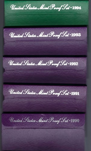 1990-1994 Five (5) Coin U S Mint/Proof Sets In Original Packaging