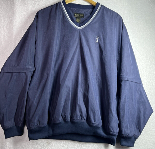 PGA Golf Tour Signature Blue Medium V-Neck Windbreaker Jacket Zip Off Sleeves
