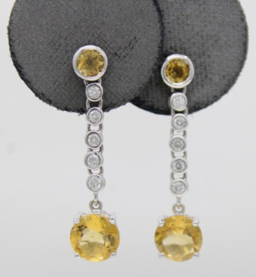 Samuel Benham BJC 14K White Gold Citrine & Diamond Dangle Earrings 3.1 Grams