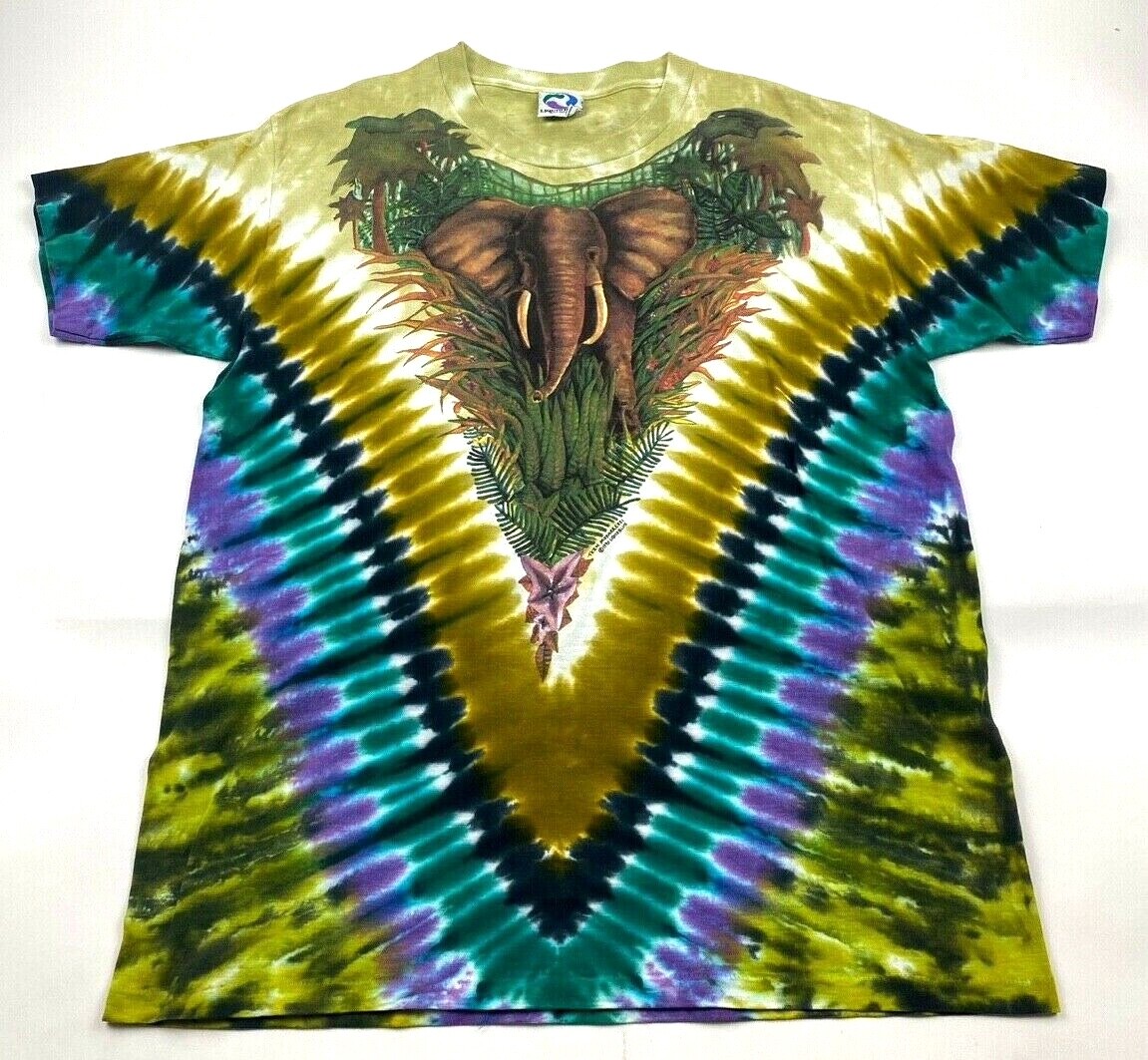 Elephant Jungle T Shirt Vintage 90s 1990 Liquid Blue Tie Dye Made