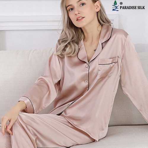 Natural Silk Women Pajamas Top & Bottom Two-piece Suit Long Sleeve Solid Pyja... - Picture 15 of 15