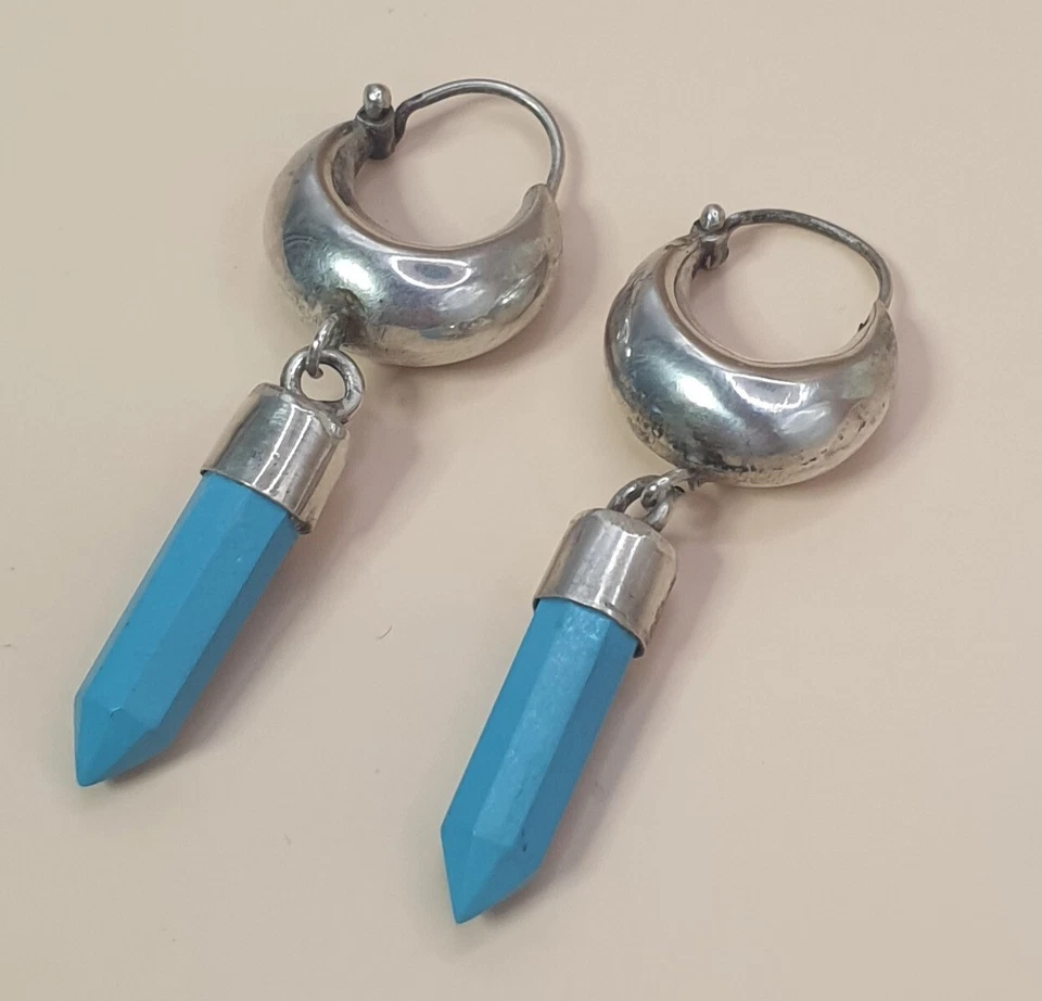 Vintage Türkis Silber Ohrringe / Creolen ca. 16 x 46 mm - Bild 3 von 4
