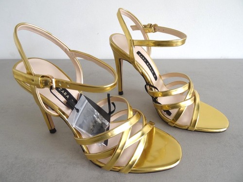 ZARA GOLD LAMINATED HIGH HEEL STRAPPY SANDALS SIZE UK 3 EU 36 USA 6 - Picture 5 of 12