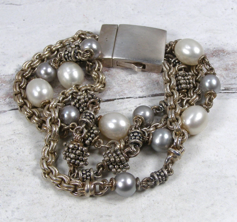 Brazalete grueso de cadena de perlas de plata esterlina de varios hilos Michael Dawkins Foto 4 de 4