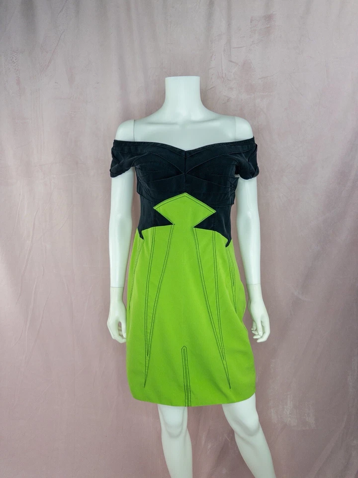 Zac Posen Womens 100% Silk Green Black Dress Size 10 Cap Sleeve Sheath Cocktail - Image 2 of 4