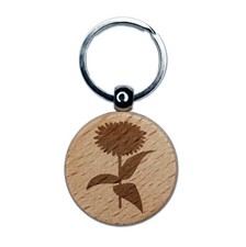 Zinnia Flower Solid Engraved Wood Round Keychain Tag Charm