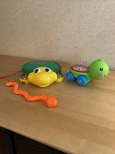 1999 Fisher Price Turtle & Snake Tambourine Drum Toy & Poppity Pop Turtle Set
