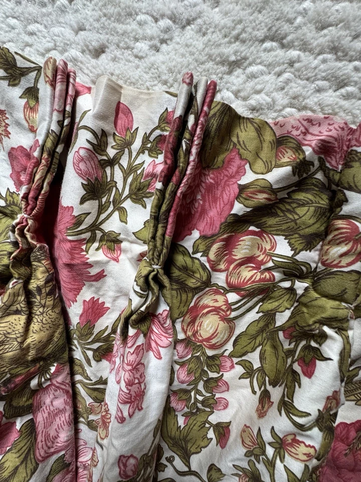 "Par de cortinas vintage mediados de siglo 22x82"" algodón satén pájaro floral botánico plisado" Foto 3 de 4