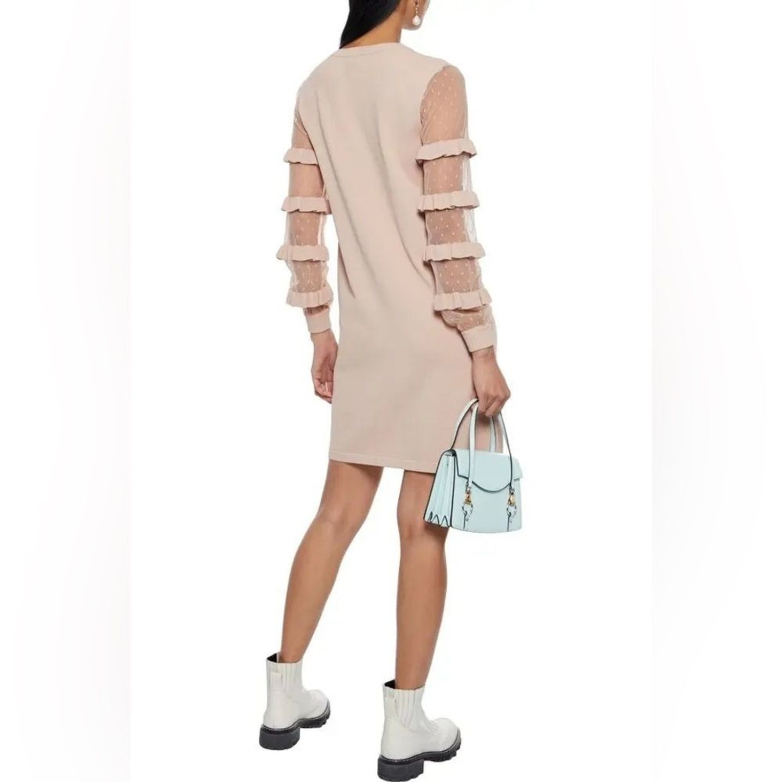 NEW RED VALENTINO Point D'esprit-Paneled Ruffled Stretch-Knit Mini Dress Blush S thumbnail 2