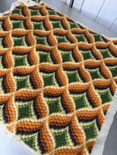 Vintage Bargello Needlework Piece 70s Vibe Green Orange Optical Square 16in