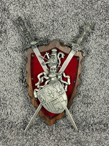 Vintage Spanish Medieval Coat of Arms Metal Sword Wall Plaque Velvet Backing