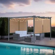 12'x12' Outdoor Pergola w/Brown Retractable Canopy Roller Shade, Aluminum Frame