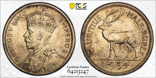 British Mauritius, 1934 George V Half Rupee. PCGS MS 63.