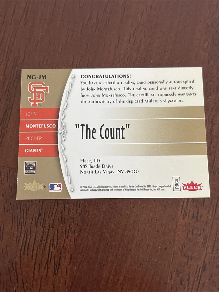 John Montefusco 2006 Fleer Greats Of The Game Nickname Greats Autograph - Image 2 of 2