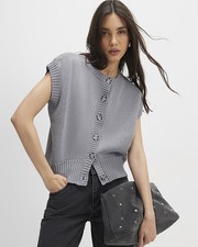 River Island Womens Tank Top Grey Knitted Sleeveless Ribbed Hem Jumper Button