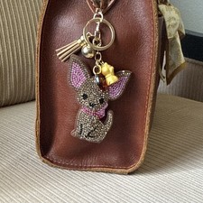 Rhinestone Dog Maneki-neko Key Chain Bag Charm Tassel Clip 6in Gold Pink