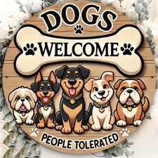 Vintage Aluminum Dog Welcome Sign - 8" Round Humorous Tin Metal Signs