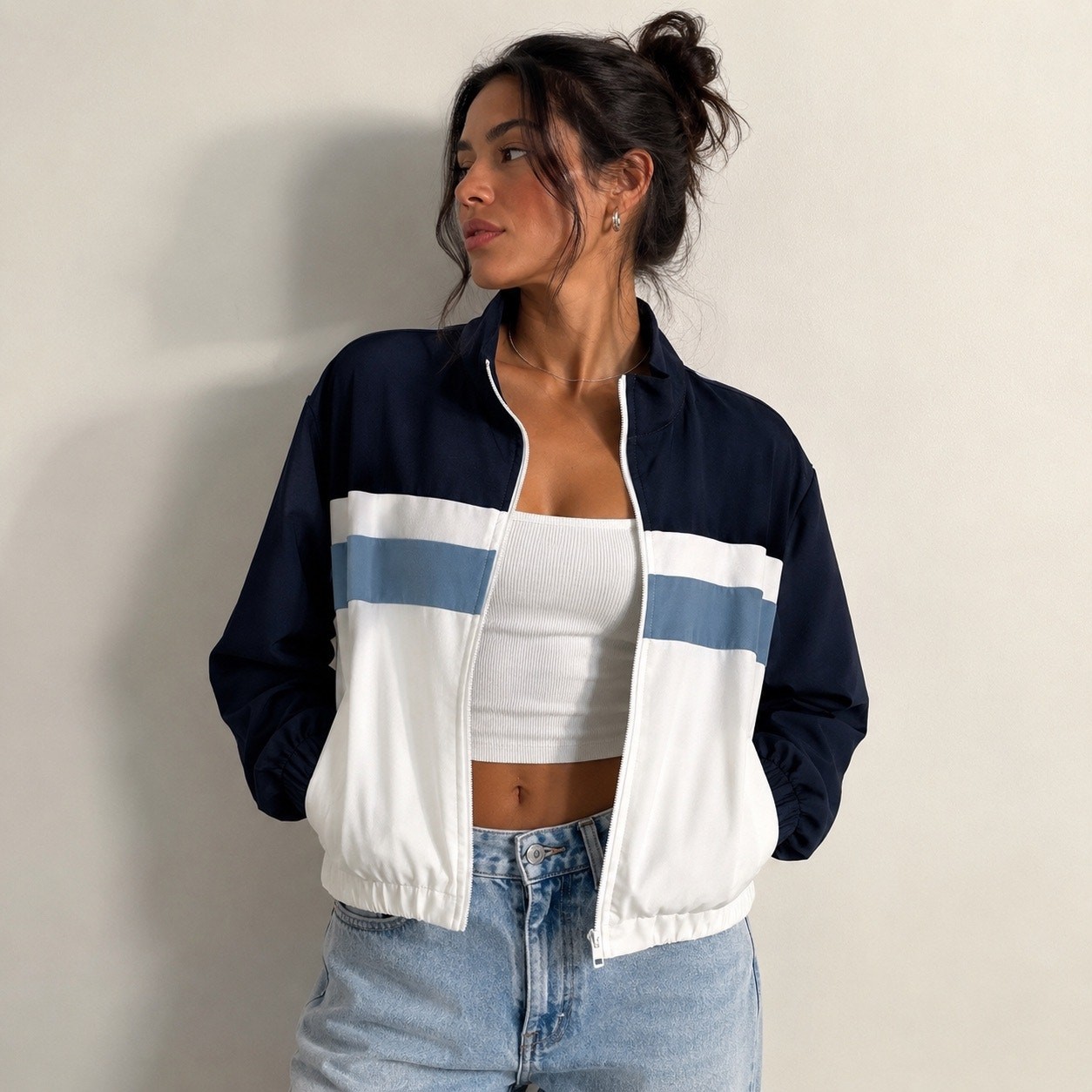 Zara Navy Blue White Colorblock Cropped Track Jacket Sz M