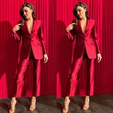 Red Silk Satin Women Suits Dinner Party Prom Wedding Wear Ladies Outfits