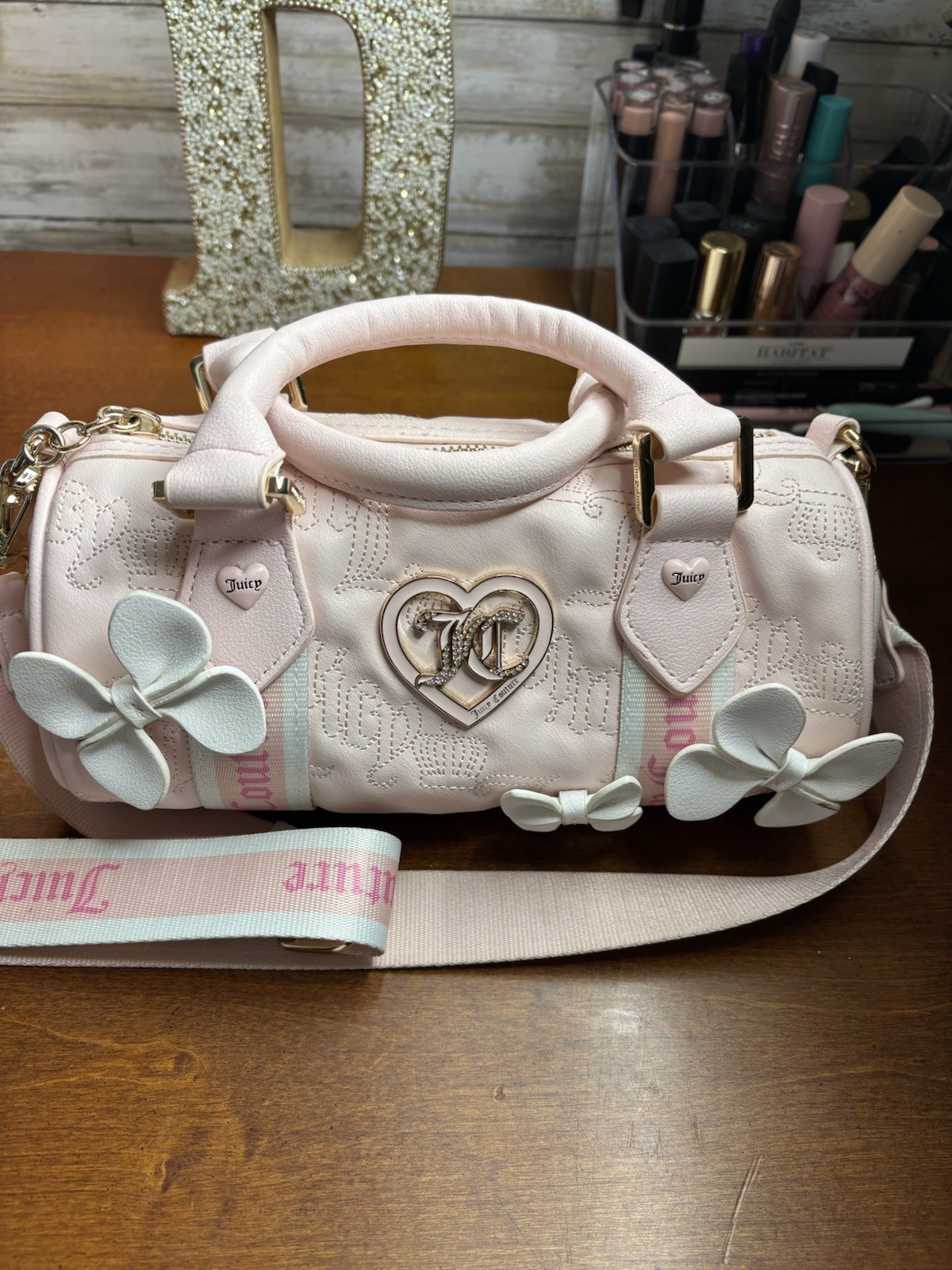 Juicy Couture Pink Barrel Satchel Top Handle Detachable Strap Zip Bow Logo Small