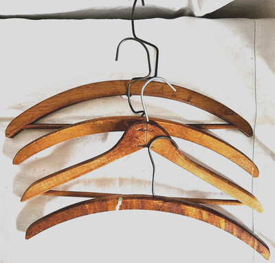 4 Wood Clothes Hangers Wall Display 2 have Extremely Different Hooks RARE HTF