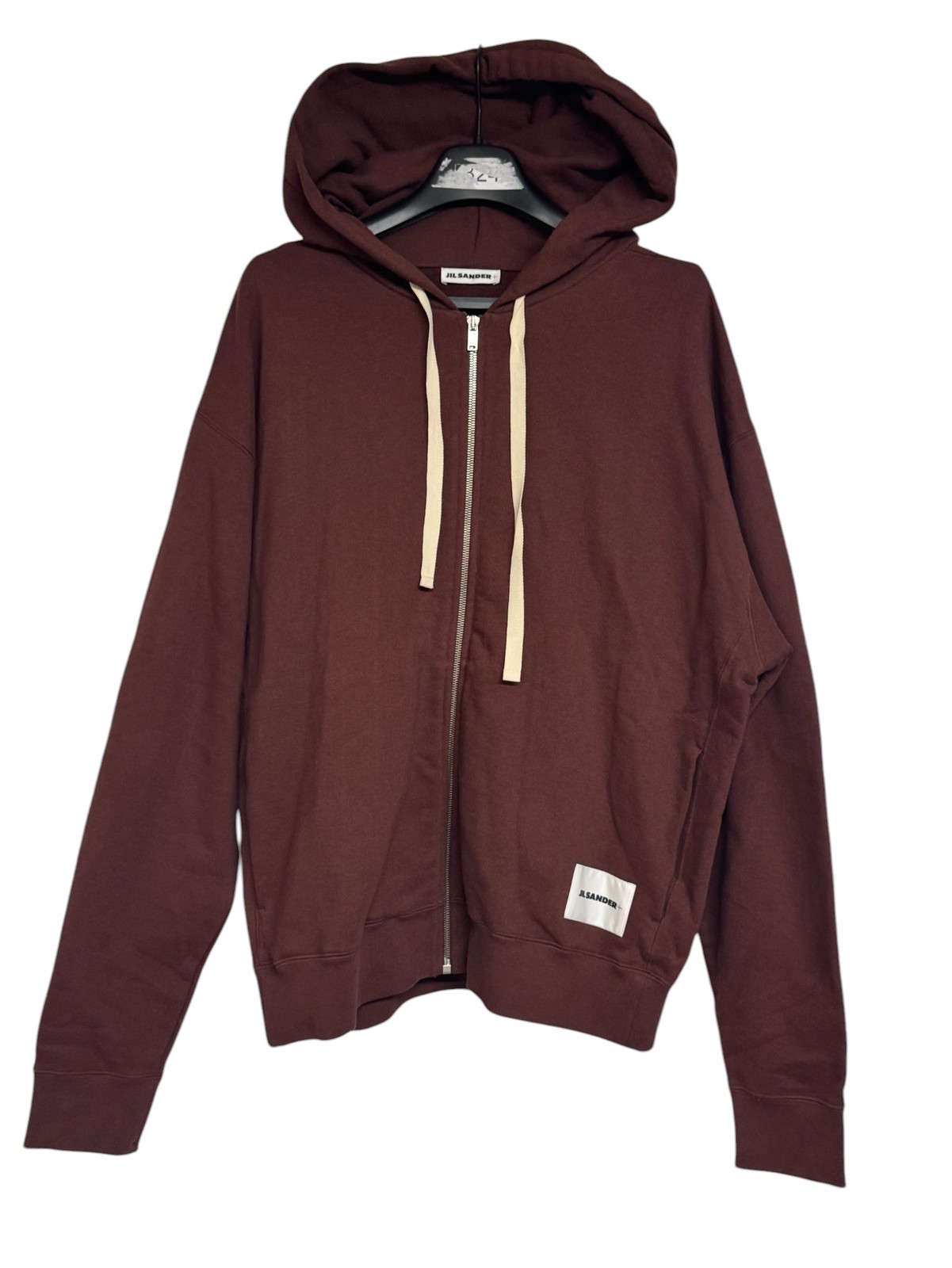 Мужская толстовка Jil Sander с капюшоном и нашивкой с логотипом на молнии из толстой махры маленькая темно-красная 39990₽