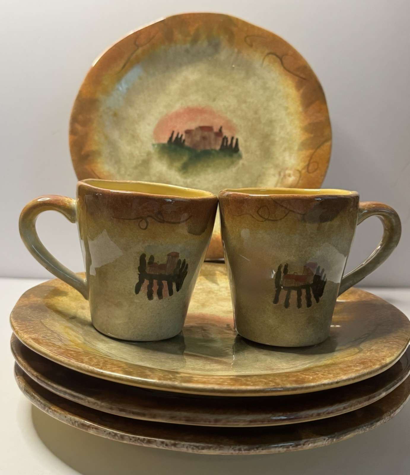 222 Fifth Villa Tuscana Set 2 Mugs 4 Dinner Plates Tuscan Landscape Hand Painted