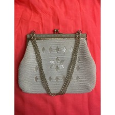 Vintage Beaded Purse Small Handbag with White Beads Snap Close Chain Strap
