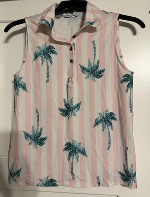 Kenny Flowers Shirt Womens Medium Pink White Palm Tree Golf Polo Sleeveless Top