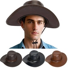 Classic Cowboy Cap For Men Women PU Leather Western Hat Shapeable Wide Brim