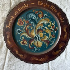 Vintage Hand-Painted Norwegian Rosemaling Wooden Plate signed by artist
